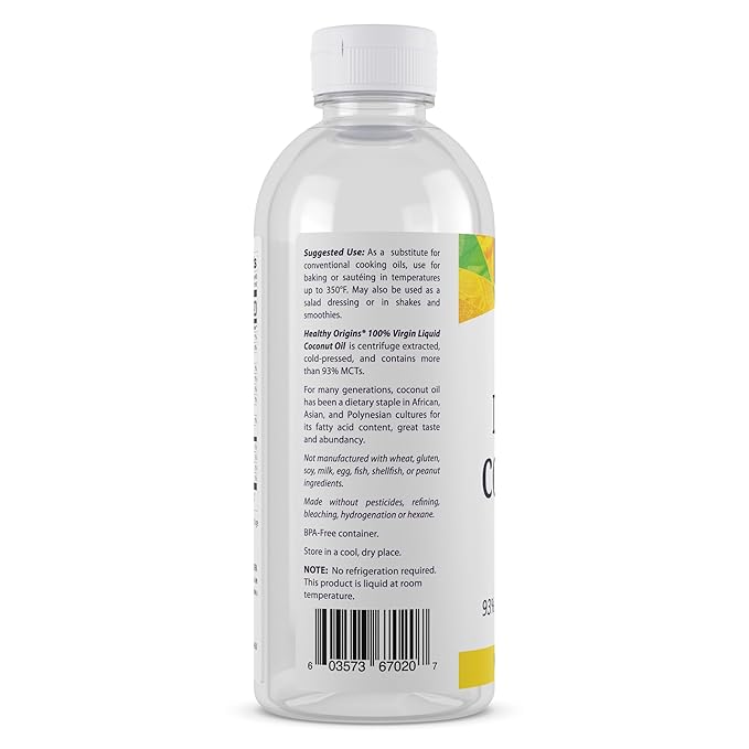 Healthy Origins Coconut Oil, Liquid (100% Virgin) - Virgin, Unrefined, Cold-Pressed Liquid Coconut Oil - 93% MCTs - Centrifuge Extracted Coconut Oil - 20 fl Oz