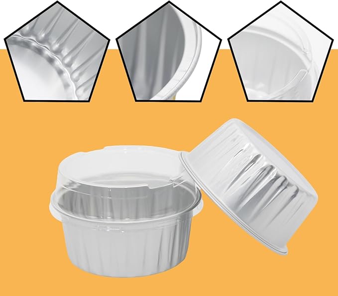 100 Pack 4.2oz Aluminum Cups with Lids Mini Flan Containers with Lids Cupcake Baking Cups, Silver