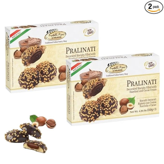 Fratelli Fiori Pralinati Chocolate Cookies - Authentic Italian Cookies with Creamy Hazelnut Center - Gourmet Cookies Ideal for Coffee, Tea, & Dessert - 2-Pack (140g)