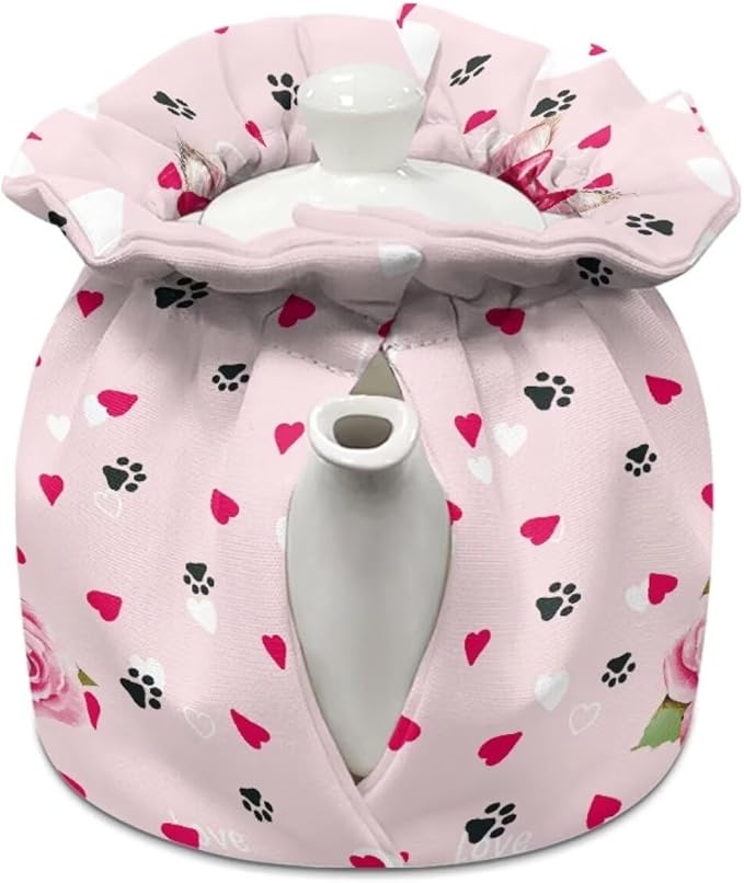 Cat Love Heart and Owl Kitchen Tea Pot Protector Cover Decorative Dust Proof Teapot Cover with Insulation Pad to Keep Tea Warm Sturdy Valentine's Day Decor for Home Kitchen