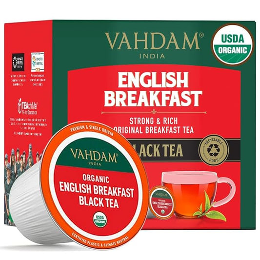 VAHDAM, Organic English Breakfast Black Tea K Cup (18 Pods) Caffeinated, USDA Organic Black Tea | Keurig Compatible, Strong & Robust | BPA Free & Recyclable Pods, Single Serve