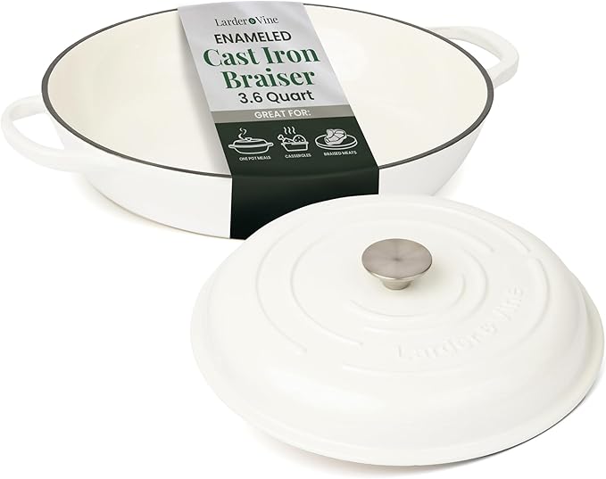Larder & Vine Enameled Cast Iron Braiser | 3.6 qt Braiser Pan with Lid | Shallow Dutch Oven Compatible on All Cooktops | Casserole Dish Oven Safe to 500ì§?F | Dual Handles | White