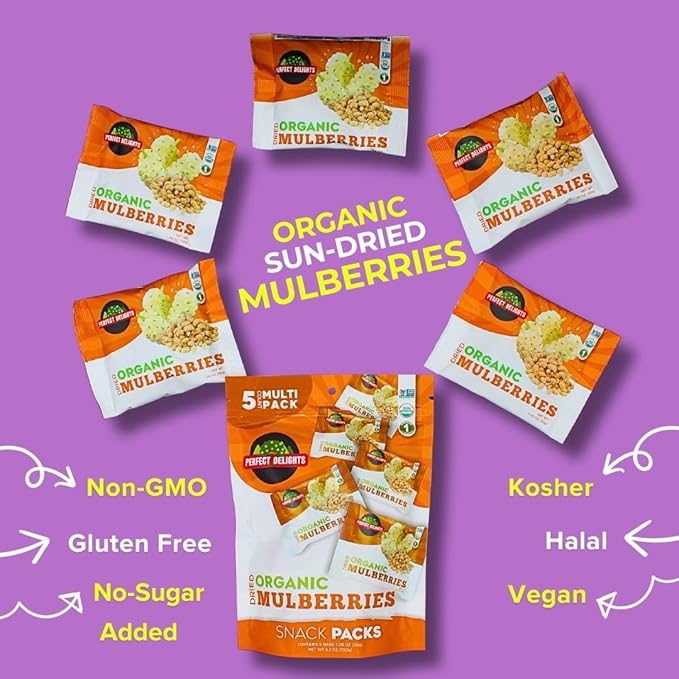 Perfect Delights Snack Pack Mulberries, Sun-Dried Mulberries, On-the-Go Vegan, Healthy Snack, Easy-to-Carry Dried Mulberries, Perfect for Kids & Adults - 5 Pack