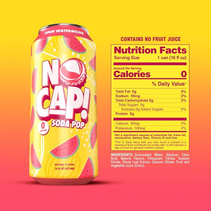 No Cap! Healthy Soda Drinks For Kids, Teenagers & Adults, Zero Sugar, Zero Calorie, Caffeine Free, 16 Oz Cans, (12 Pack Sour Watermelon)
