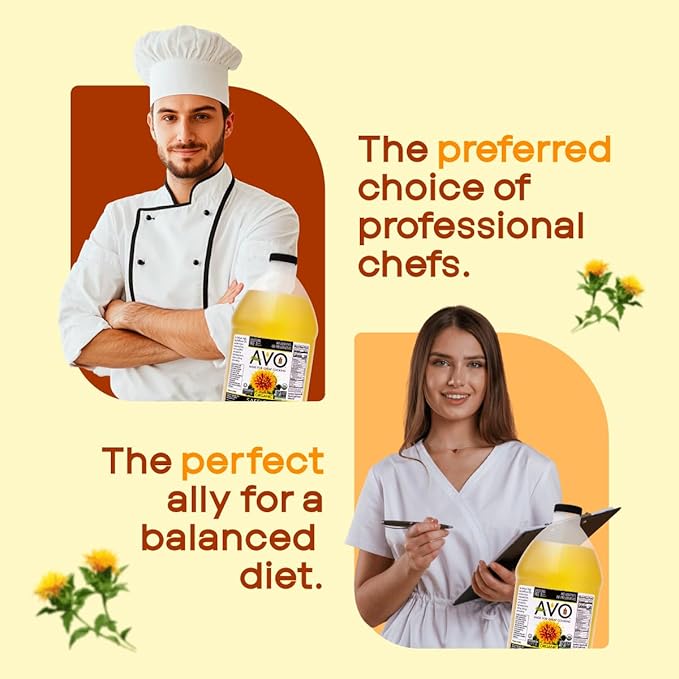 AVO Organic High Oleic Safflower Oil - Frying, Baking, Non-stick Saut챕ing, Salads, Vinaigrette, Marinades, Pan Coating, General Cooking 64 Fl-oz (Half a Gallon), No preservatives, Naturally Processed