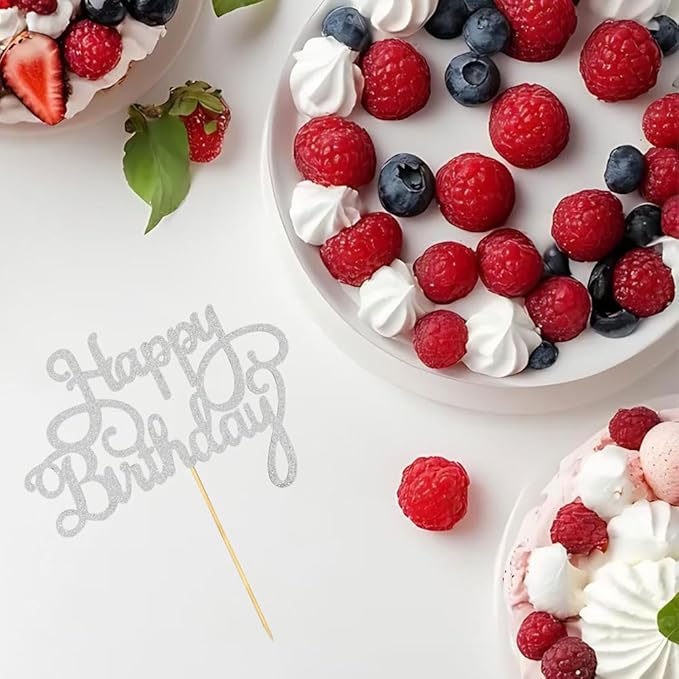 1 PCS Happy Birthday Cake Topper Glitter Silver Celebration Cake Picks Happy Birthday Decorations for Anniversary Birthday Party Decorations