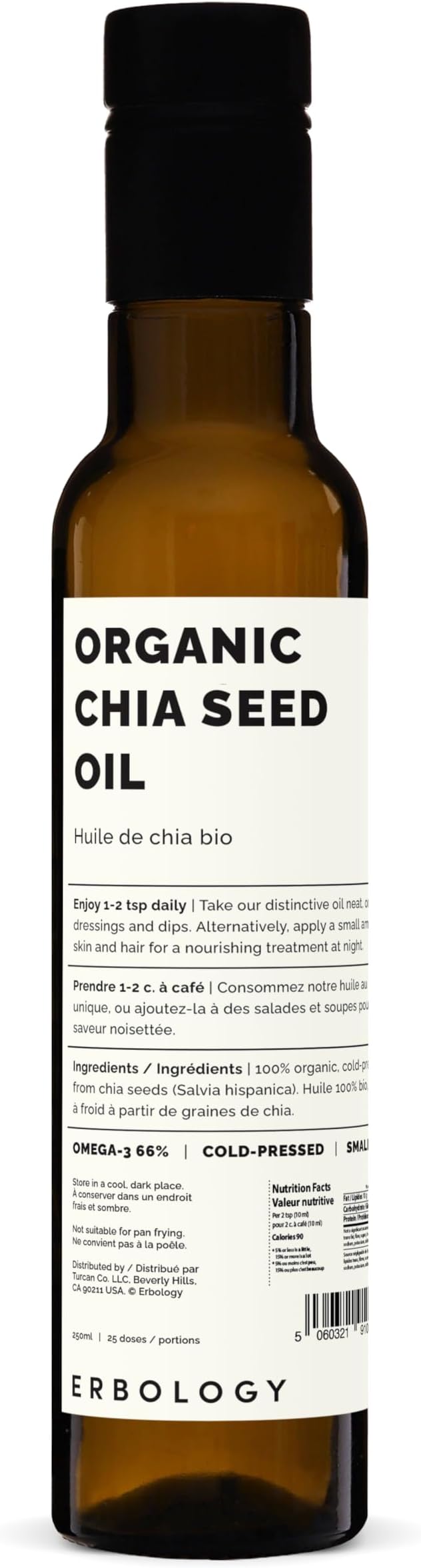 Erbology Organic Chia Seed Oil 8.5 fl oz - Cold-Pressed - Rich in Omega-3 (66%) and Vitamin E (330% RI) - No Additives or Preservatives - Sustainably Sourced - Vegan - GMO-Free