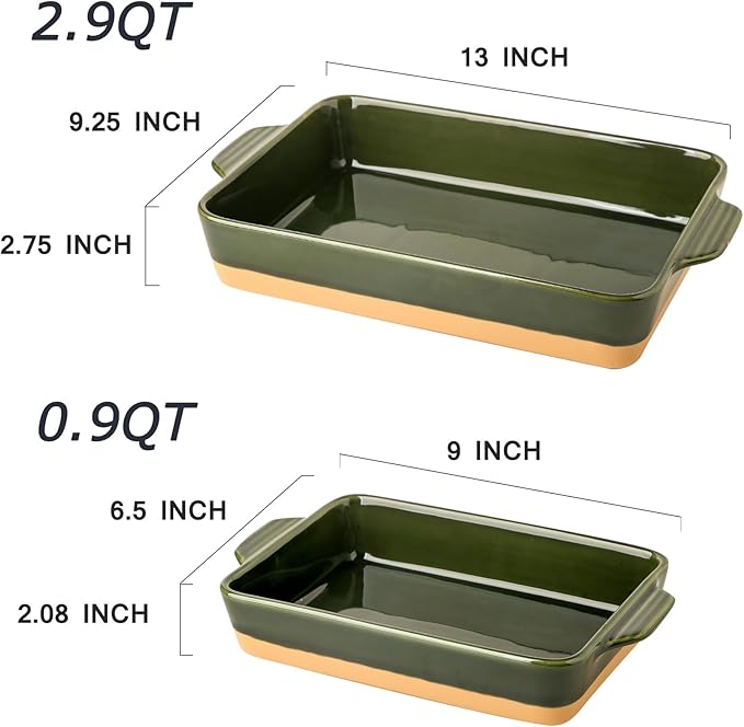 Ceramic Baking Casserole Dish with Handles, Large 9x13 inch Pan and Middle Baking Pan - Porcelain Serving Bakeware Set (Forest Green)