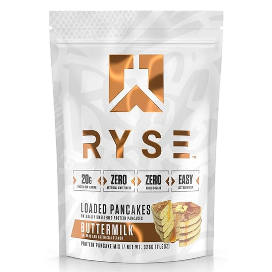 RYSE Loaded Protein Pancake & Waffle Mix - Buttermilk - Naturally Sweetened Breakfast with 21g Protein, 3g MCTs and 2g Fiber - No Added Sugar - High Protein Snack for Clean Energy - 6 Servings