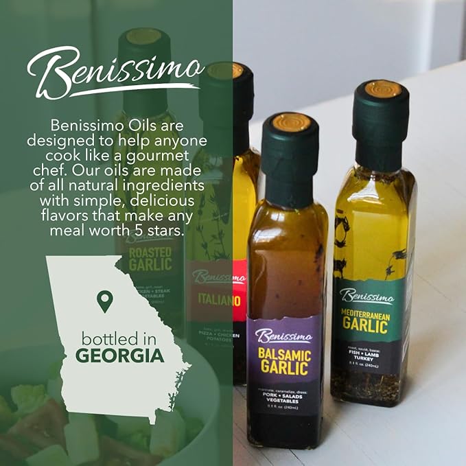 Benissimo Balsamic Garlic Herb Infused Oil & Vinegar Blend, All Natural Gourmet Blend with Bold Balsamic, Roasted Garlic, and Hand-Selected Herbs, Ideal for Drizzling, 8.1 fl oz