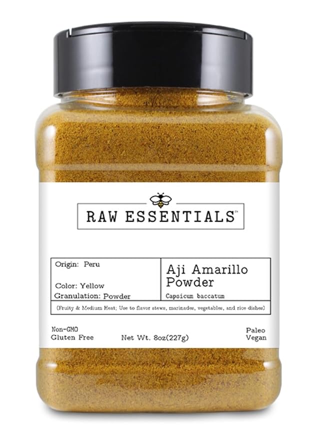Raw Essentials Aji Amarillo Powder ??Medium Heat and Fruity Flavor ??Perfect for Stews, Marinades, Rice, and Vegetable Dishes ??Non-GMO, Gluten Free, Vegan, Paleo ??8 Ounce Bottle