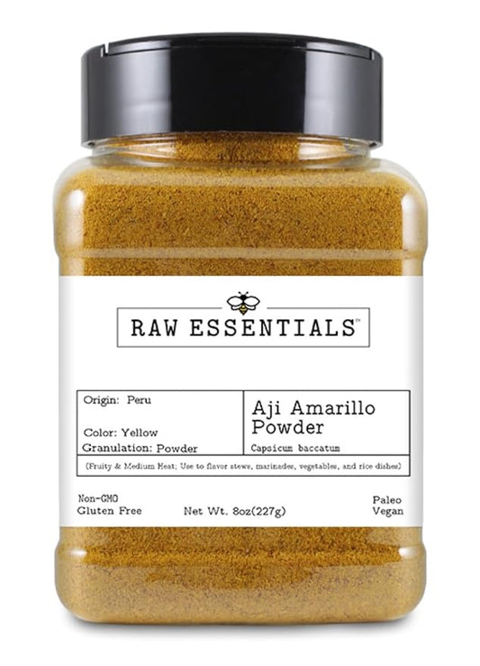 Raw Essentials Aji Amarillo Powder ??Medium Heat and Fruity Flavor ??Perfect for Stews, Marinades, Rice, and Vegetable Dishes ??Non-GMO, Gluten Free, Vegan, Paleo ??8 Ounce Bottle