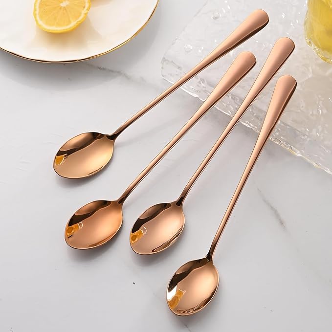 7.5 Inches Long Handle Coffee Stirring Spoons,Set Of 8 Rose Gold Iced Tea Spoon,Copper Stainless Steel Ice Cream Spoons,Sundae Spoon