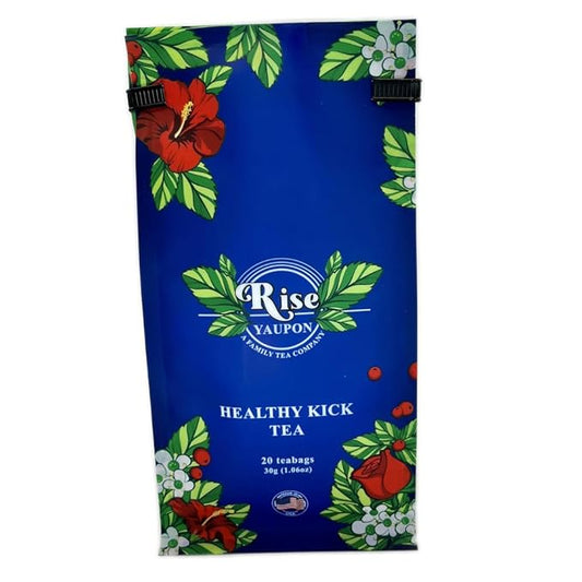 Rise Yaupon Healthy Kick Yaupon Holly Tea, 20 Tea Bags, 1.06 oz, Caffeinated Yaupon Holly with Cinnamon, Ginger, Rose Hips, Rose Petal, Hibiscus