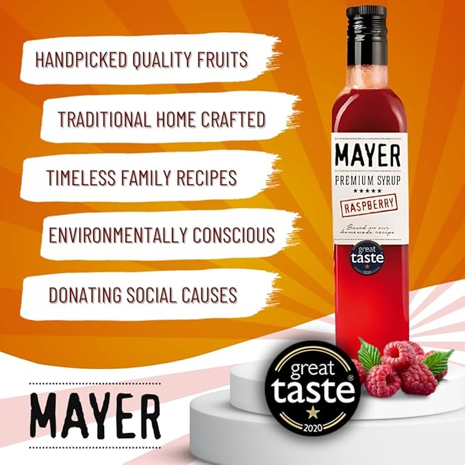 Mayer Hungarian Premium Raspberry Artisanal Syrup ??Award-Winning, All-Natural, Over 50% Real Raspberries, Vegan, Gluten-Free (16.9 oz Bottle) ??Great Coffee & Cocktail Syrup, No Artificial Additives.