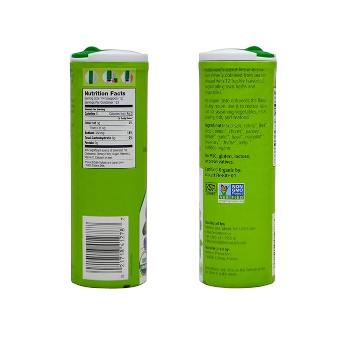A. Vogel Herbamare Seasoned Sea Salt - USDA Organic - Seasoning Salt Infused with 12 Herbs - 33% Less Sodium - Non-GMO - Gluten Free - Kosher - 4.4 oz