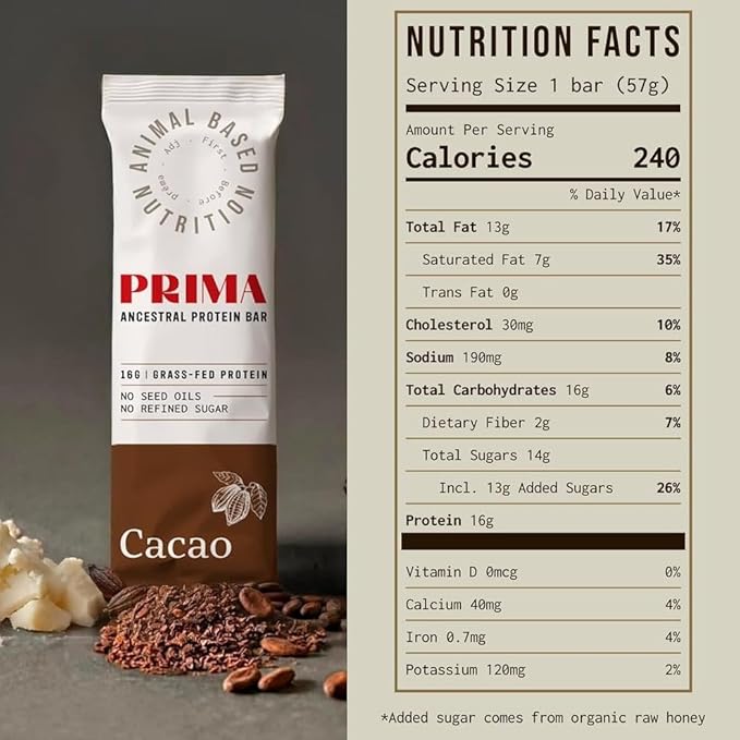 PRIMA ANCESTRAL PROTEIN BAR Grass Fed Protein Bars, 7 Pack ??Animal-Based Protein Bar with Beef Tallow, Raw Honey, Seed Oil Free, Low Carb, Gluten-Free ??Healthy, Energy Snacks for Clean Lifestyle (7 Pack, Cacao)