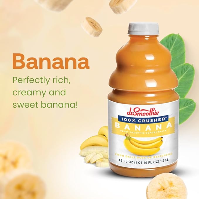 Dr. Smoothie 100% Crushed Banana ??No Added Sugar, Made with Real Fruits/Fruit Juice ??Vegan, No Artificial Colors or Flavors ??Rich & Creamy Sweetness of Perfectly Ripe Bananas ??46 oz Bottle