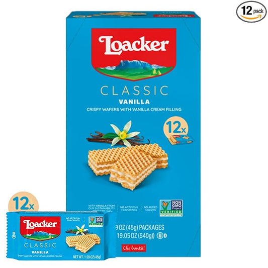 Loacker Classic Vanilla Wafers - Premium Crispy Vanilla Wafer Cookies with Cream Filling - Multipack of 12 Snack Packs - NON-GMO - Sustainably Sourced - 45g/1.59oz, Pack of 12