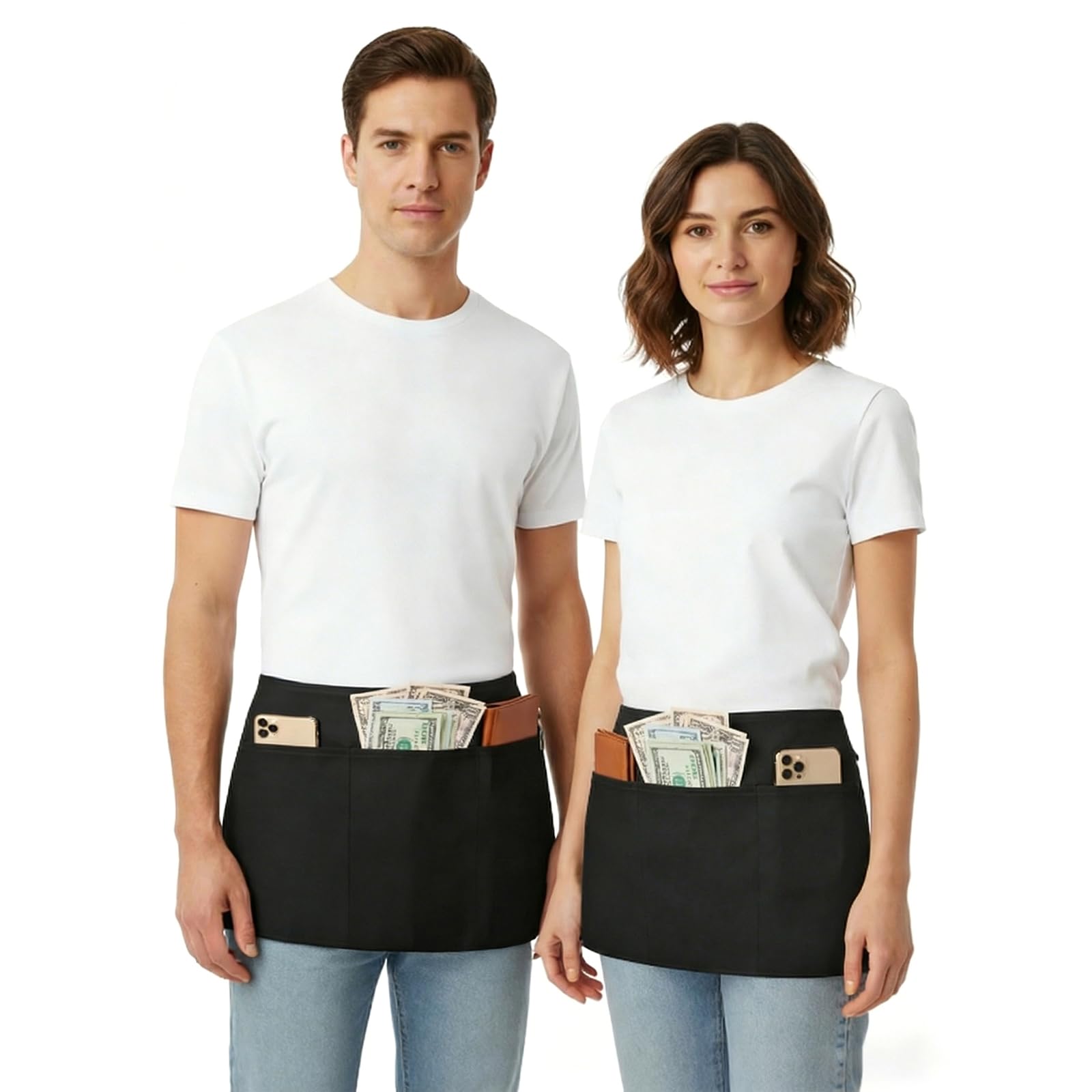 BOHARERS Waist Apron with 3 Pockets - Black Waitress Waiter Server Short Aprons