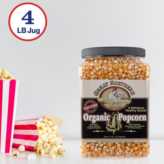 Organic Popcorn Kernels - 4lb Resealable Bulk Jug of Yellow Gourmet Popping Corn for Microwave, Stovetop, and Popper Machine by Great Northern Popcorn