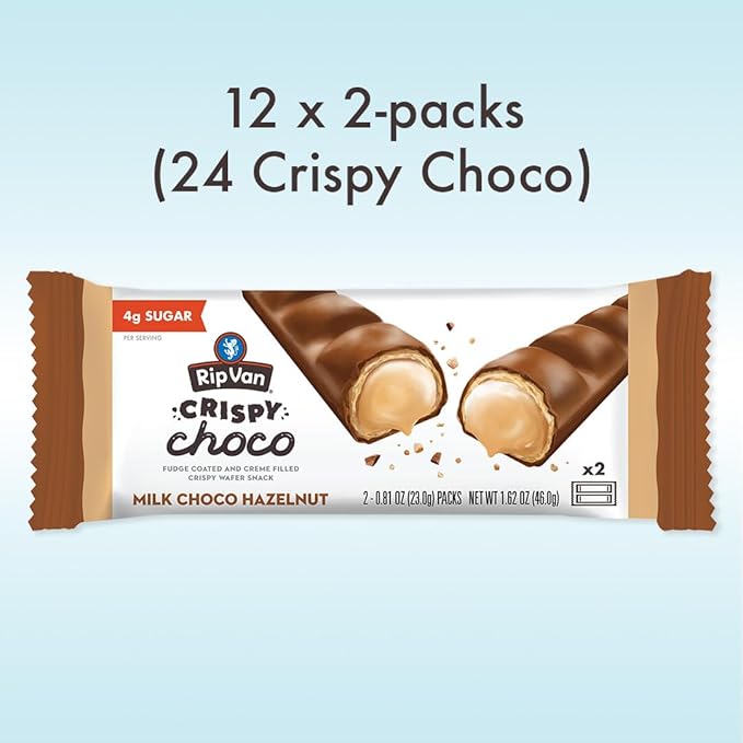 Rip Van Crispy Choco - Milk Chocolate Coated Hazelnut Wafer Bars - Low Sugar Fudge and Hazelnut Cream Filled Snack - 12 Pack