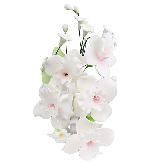 O'Creme Gumpaste Flower Spray, White Orchid - Edible Flowers for Cake Decorating - Sugar Paste Flower Decorations for Cakes, Candy, Cupcake Toppers - Birthday Party, Wedding, Baby Shower
