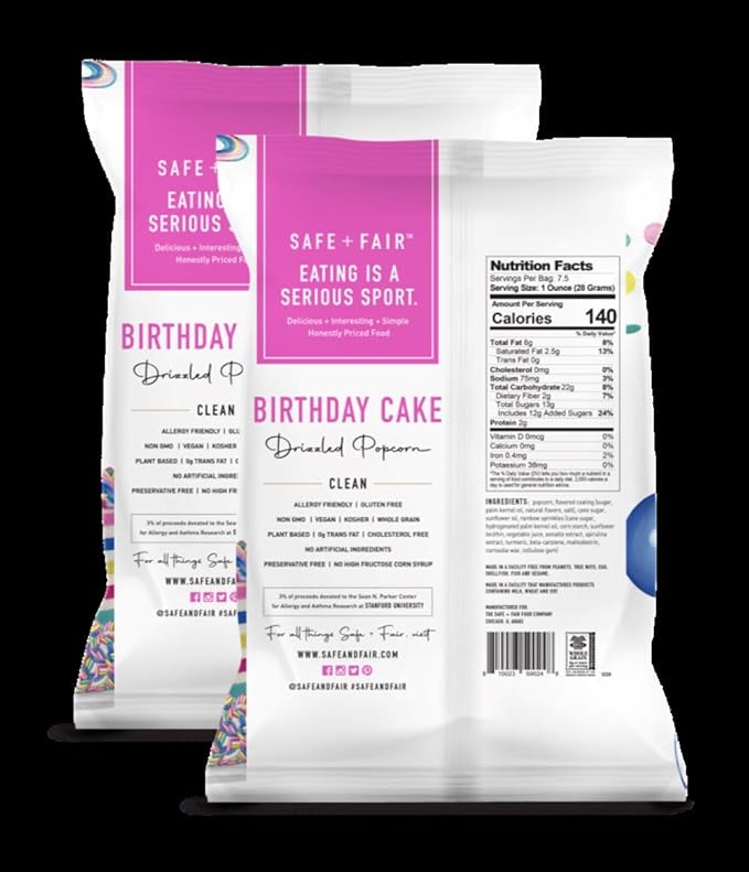 Safe + Fair Birthday Cake Drizzled Popcorn - Gluten-Free, Dairy Free and Vegan Snack - Free From Top 9 Allergens and Artificial Ingredients ??Non GMO, Plant Based Kettle Popped Corn, 5.5 oz