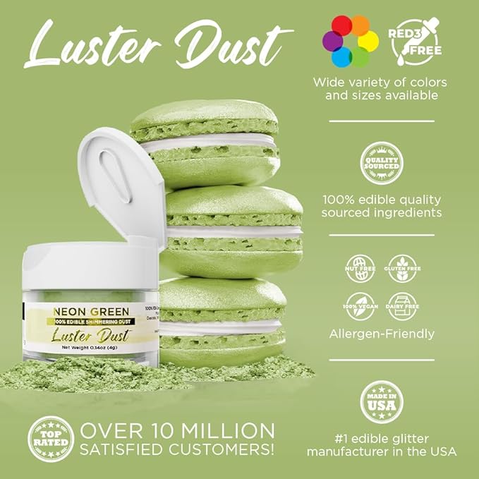 Luster Dust - Neon Green (4g 1x Jar) | Edible Vegan Dust & Paint for Cake Decorating, Ice Cream, Desserts, Cocktails and Beverages by Bakell