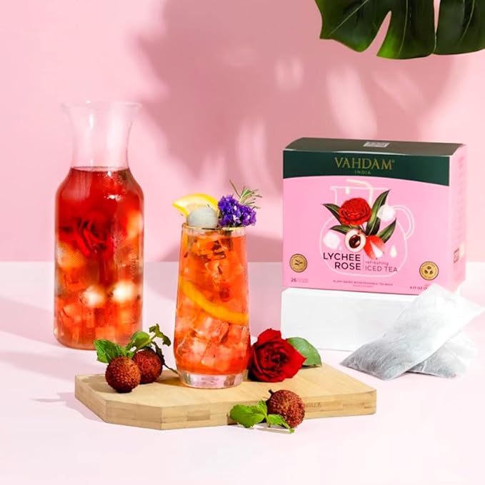 Lychee Rose Iced Tea Bags - 26 Pitcher Tea Bags | Zero Added Sugar | Makes 52 Quarts | Blended with Pure Lychee & Rose | Best for Mocktails & Cocktails | Plant-Based Biodegradable Tea Bags | VAHDAM