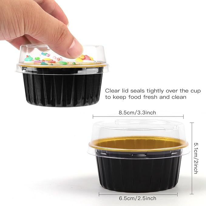 50 Pack Baking Cups with Lids, Aluminum Foil Cupcake Cups Muffin Liners, Disposable Foil Ramekins, Cupcake Holders Dessert Containers Mini Pudding Cups (Black Gold)