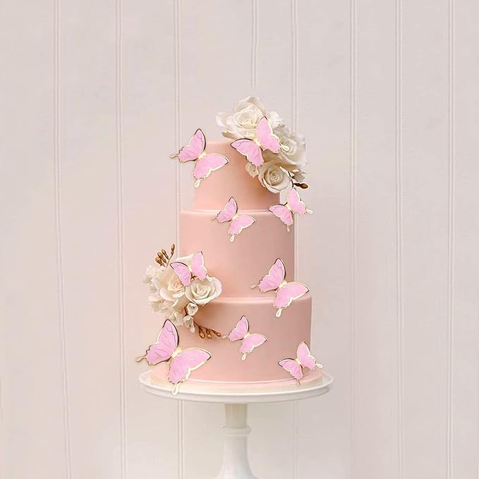 30PCS Butterfly Cake Toppers 3D Pink Gold Tail Butterfly Birthday Party Cupcake Toppers Decorations for Anniversary Wedding Party Baby Shower Supplies Wall Decor