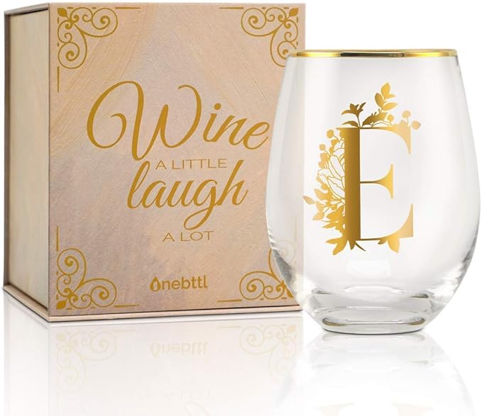 Onebttl Unique Stemless Wine Glasses, Initial Wine Cup for Red or White Wine - 18oz, Monogrammed, Gold - for Women, Girls, Female, Her, Friends, Coworkers, Clients - for Birthday, Christmas