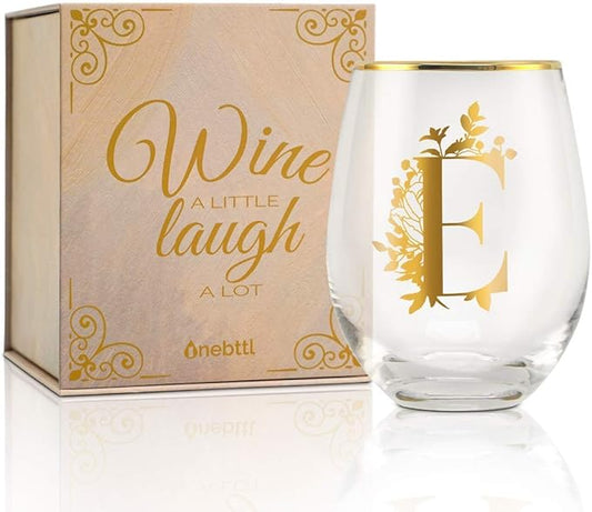 Onebttl Unique Stemless Wine Glasses, Initial Wine Cup for Red or White Wine - 18oz, Monogrammed, Gold - for Women, Girls, Female, Her, Friends, Coworkers, Clients - for Birthday, Christmas