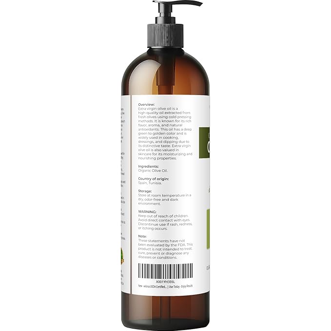 velona USDA Certified Organic Olive Oil - 8 Fl Oz | 100% Pure and Natural Carrier Oil | Extra Virgin, Unrefined, Cold Pressed | Cooking, Dressing, Face, Hair, Body & Skin Care | Use Today - Enjoy Results