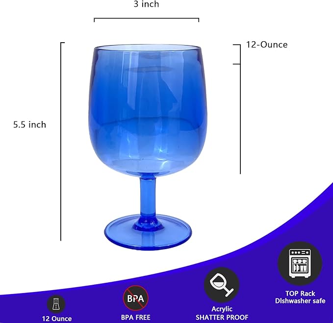 Yalin Set of 6 Unbreakable 12 oz Acrylic Plastic Wine and Water Tumbler Stackable Goblets. (Blue, 12 oz)