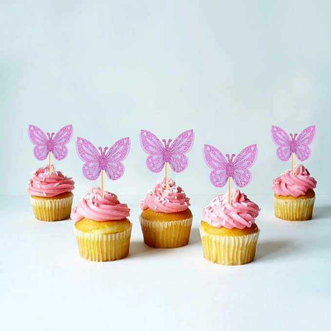 24PCS Butterfly Cupcake Toppers 3D Double Layers Hollow Cupcake Picks Baby Shower Cake Decorations Supplies for Butterfly Theme Wedding Anniversary Baby Shower Party Purple
