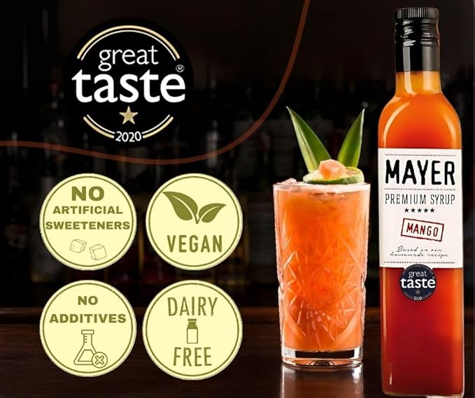 Mayer Premium Artisanal Mango Cocktail Syrup - Handcrafted in Hungary, All Natural, Over 50% Real Fruits and 3 Natural Ingredients, Flavoring for Cocktail, Mocktail, Smoothie, Lemonade, Dessert - Zero Preservatives ( 16 Oz. Fl. 1 Pack )