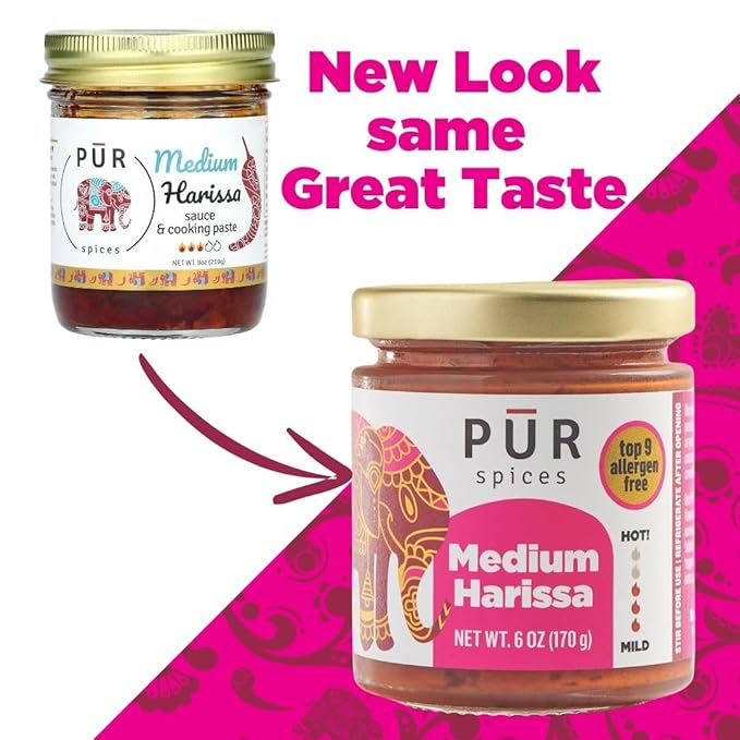 PUR Spices Medium Harissa Paste I Hot Sauce for Cooking and Dipping I Spicy Chili Pepper and Garlic Paste | Middle Eastern Inspired | Plant Based, Gluten Free, No Sugar Added, Preservative and Additive Free I 6oz Jar