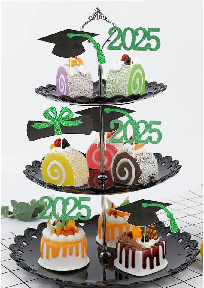 2025 Graduation Cupcake Toppers, 48 PCS Food/Appetizer Picks For Graduation Party Mini Cake Decorations, Diploma, 2025, Grad Cap Set 48 Pieces (04 Green)