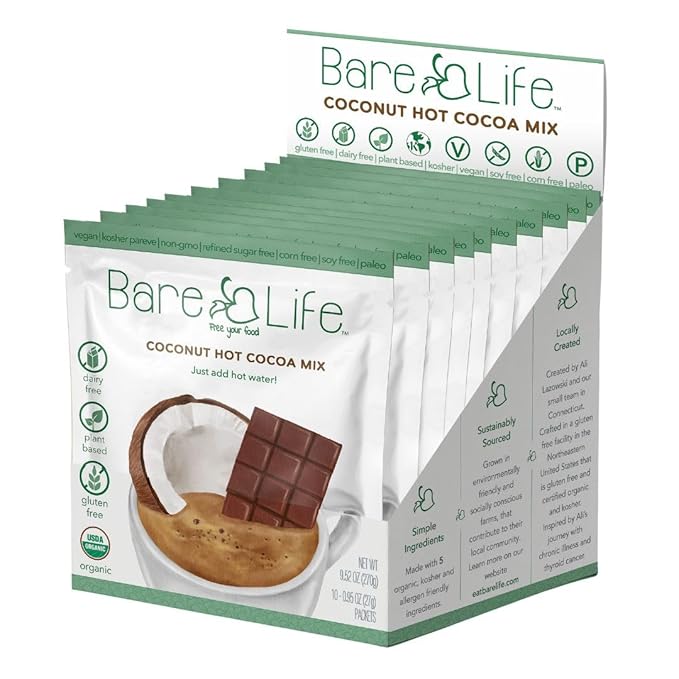 Bare Life: Dairy Free Coconut Hot Cocoa Mix | Single Serving 0.95 Oz (10 Pack) | Gluten Free, Vegan, Organic, Plant Based, Paleo, Soy Free, Corn Free, Lactose Free, Refined Sugar Free Hot Chocolate