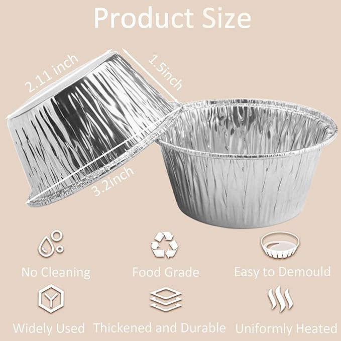 Aluminum Foil Baking Cups, 150 Pack Disposable 4 Oz Ramekins Aluminum Cupcake Muffin Liners Silver Foil Baking Cups for Egg Tart, Baking, Cupcake, Pudding, Appetize