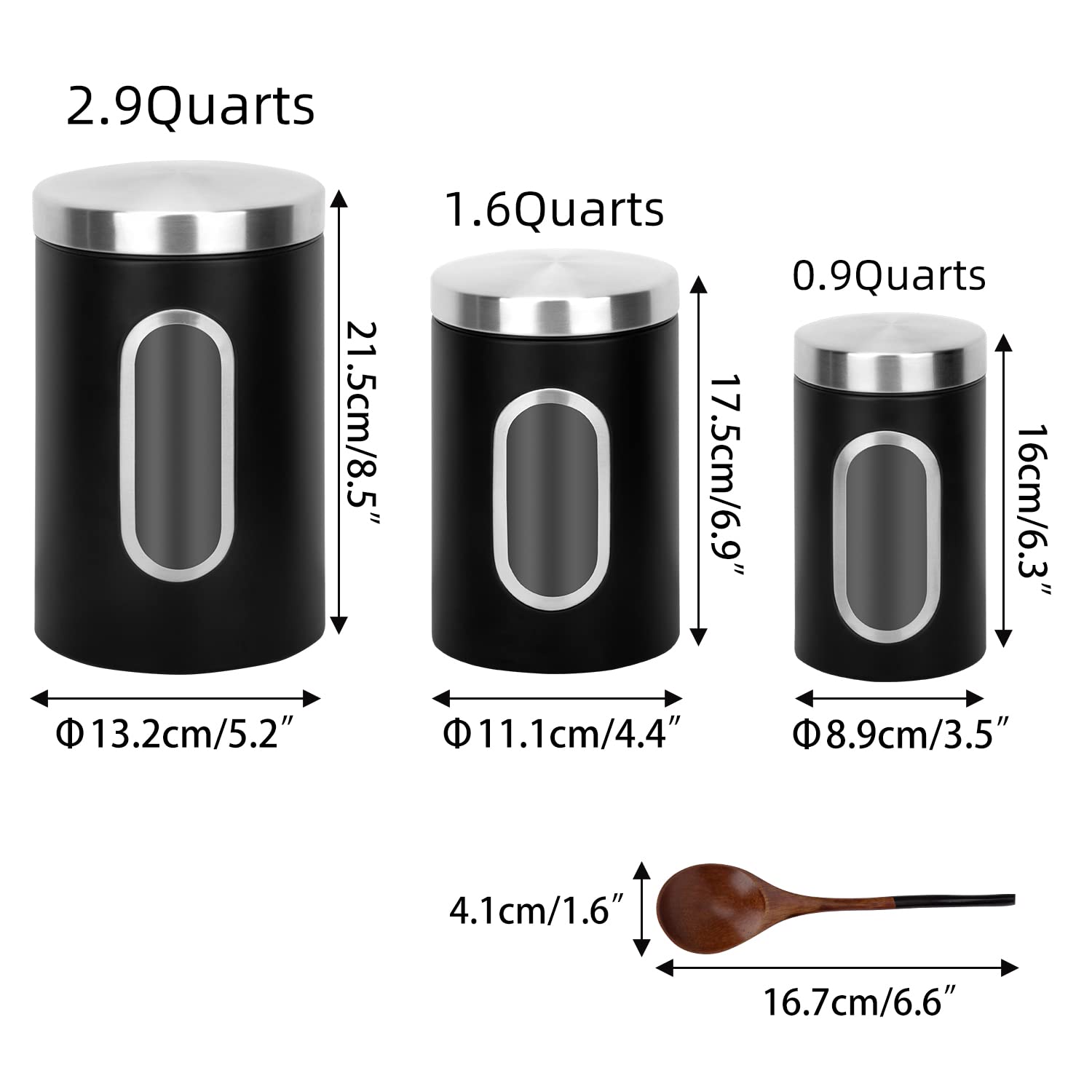 AEUNKIUO Black Kitchen Counter Canister set 3 pieces, 0.9/1.6/2.9 Quarts Stainless Steel Flour