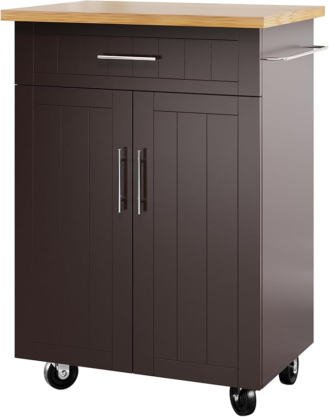 Shintenchi Kitchen Island Cart with Storage,Rolling Kitchen Island Side Table on Wheels with Large Worktop,Storage Cabinet,Towel Rack and Drawers for Kitchen,Dinning Room, Brown