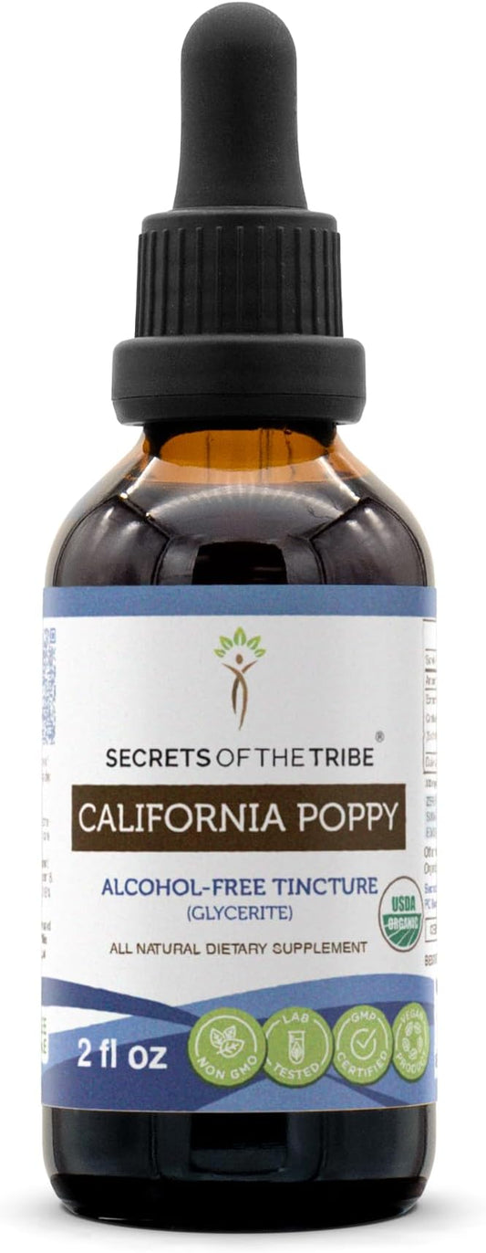 Secrets of the Tribe California Poppy Tincture Alcohol-Free Liquid Extract, USDA Organic California Poppy (Eschscholzia Californica) Dried Root (2 FL OZ)