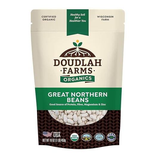 Organic Great Northern Beans 1lb Bulk by Doudlah Farms - Farmed From Regenerative Soil - Tested Clean Certified - Vegan, Non-GMO, Grown In USA - Fiber & Protein for Soups, Burritos, Salads, and Chili