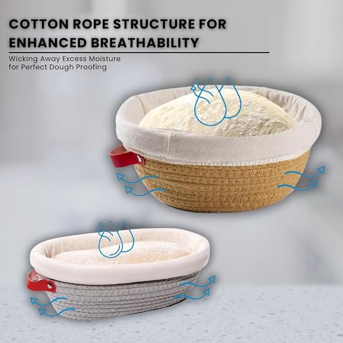 Bread Proofing Basket Set- Round 9 inch & Oval 10 inch Bannetons with Cotton Liners,Bread Lame +5 Blades Ideal for Artisan Sourdough Baking