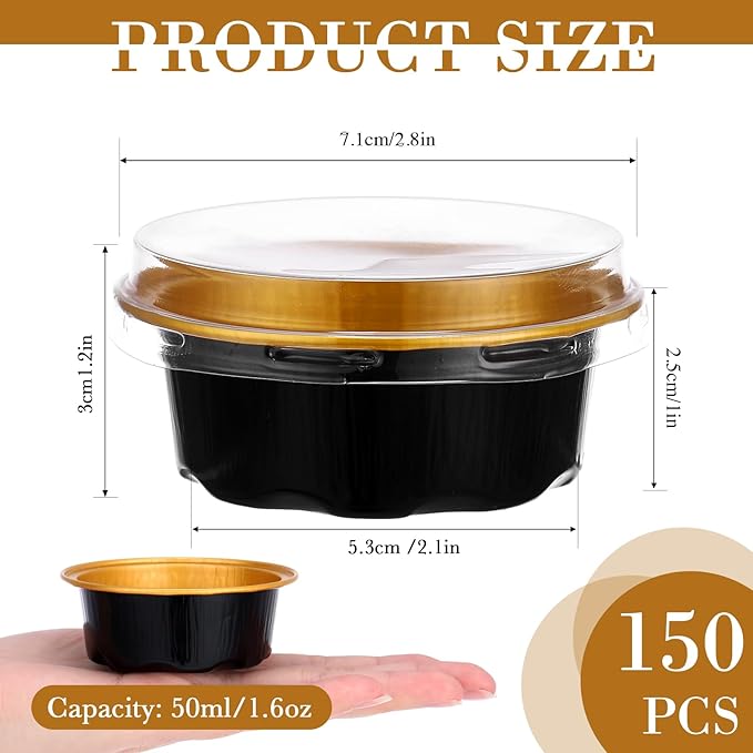 Eaasty 150 Pcs Baking Cups with Lids, 1.6 oz Muffin Cupcake Liners Aluminum Foil Mini Cake Pans Small Disposable Ramekins Flan Containers with Lids for Christmas, Birthday, Various Holiday(Black Gold)