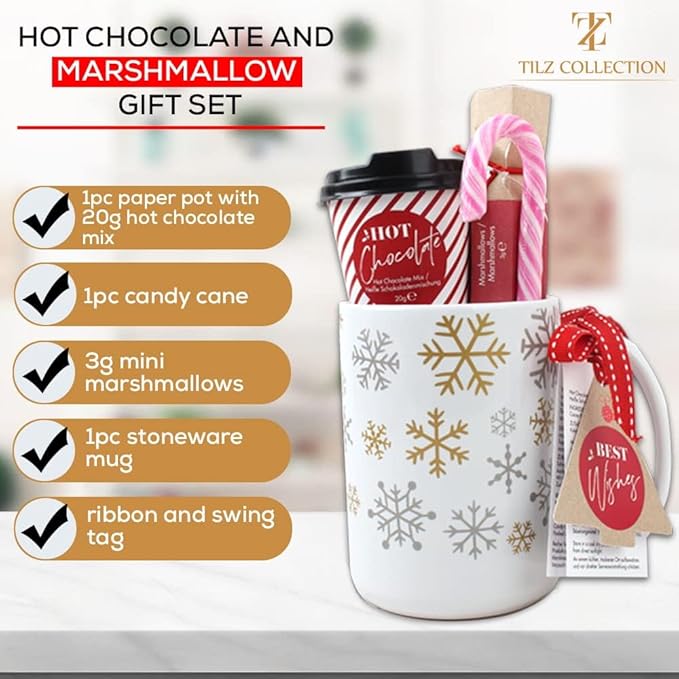 Hot Chocolate Gift Set With Mug - Hot Chocolate Set With Hot Chocolate Sachets - Mini Marshmallows, Candy Canes, Travel Cup - Gifts for Women, Mens Gifts - Vegan Chocolate Gift Set