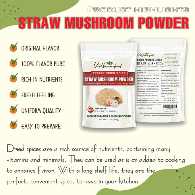 STRAW MUSHROOM POWDER 1.76 Oz (50g) VIETFARMFOOD: Pure, natural freeze-dried spice made from real vegetables and fruits - perfect for enhancing every meal, from cooking, baking, salads, soups, sauces